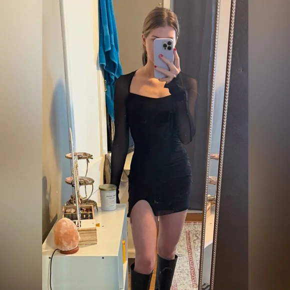 HYPERFIRE Women's Mesh Long Sleeve Square Neck Split Hem Bodycon Mini Dress - Picture 4 of 4